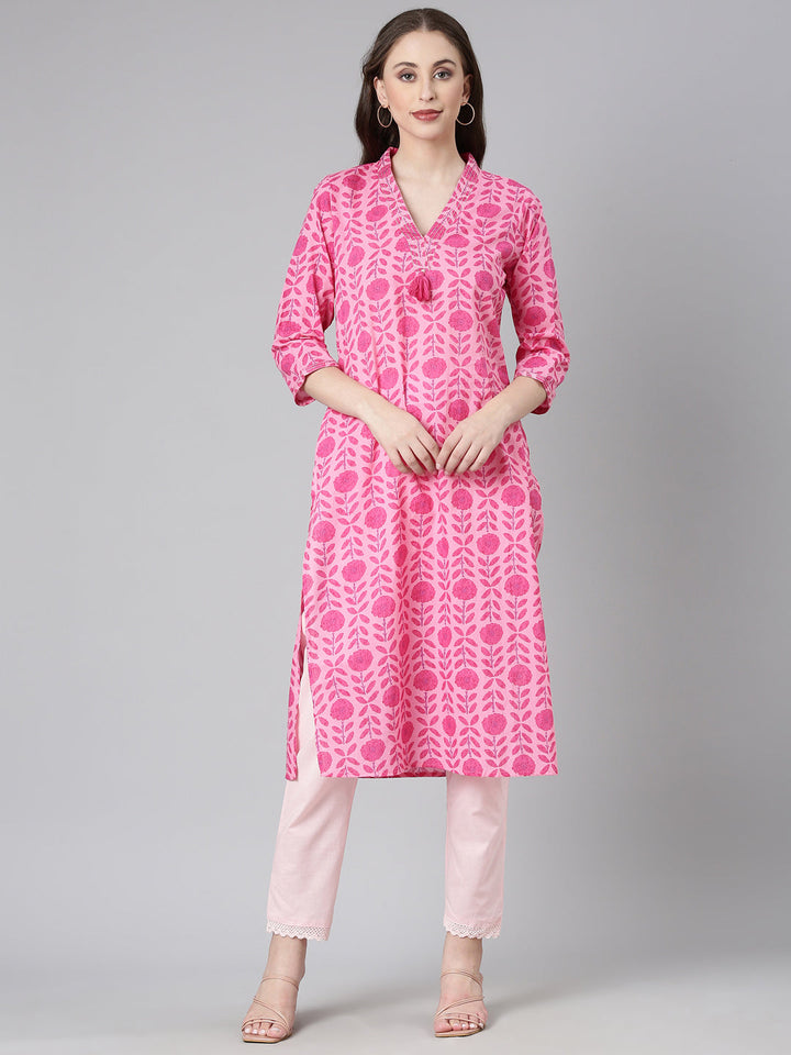 Neerus Pink Casual Floral Straight Kurtas