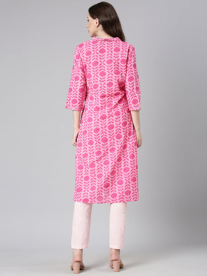 Neerus Pink Casual Floral Straight Kurtas