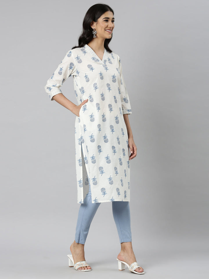 Neerus Blue Casual Floral Straight Kurtas