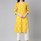 Neerus Mustard Casual Floral Straight Kurtas