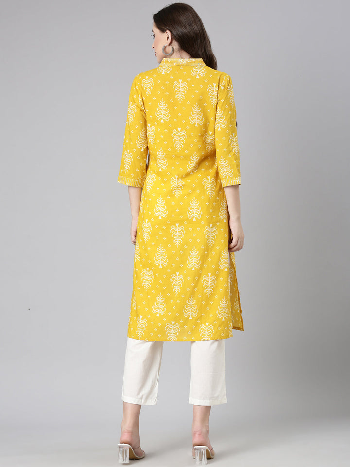 Neerus Mustard Casual Floral Straight Kurtas
