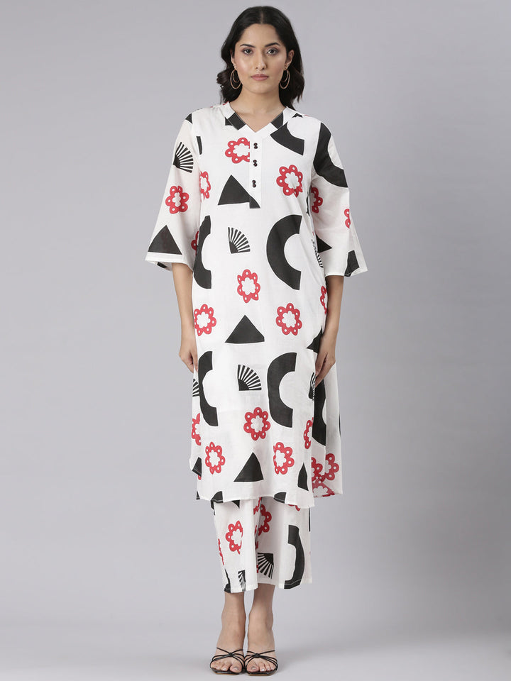 Neerus White Printed Straight Kurta and Trousers