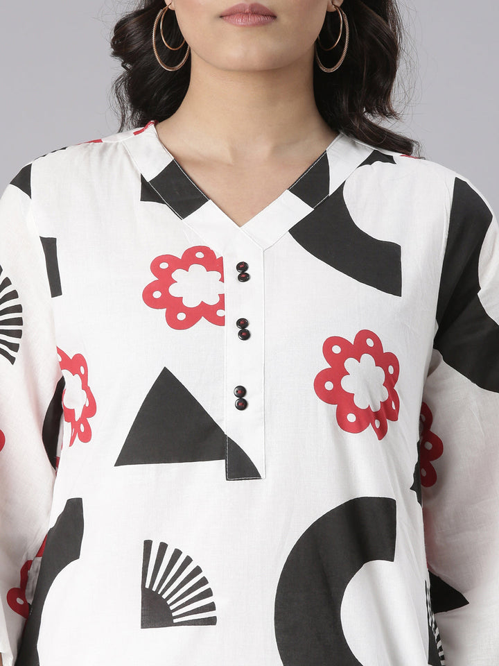 Neerus White Printed Straight Kurta and Trousers