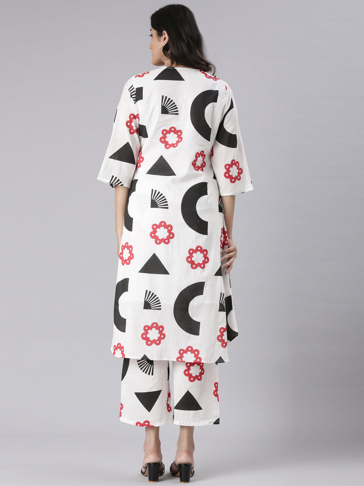 Neerus White Printed Straight Kurta and Trousers