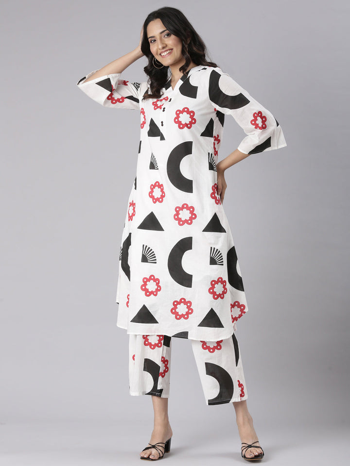 Neerus White Printed Straight Kurta and Trousers