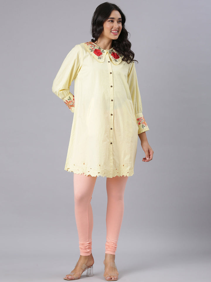 Neerus Yellow Casual Solid Straight Kurtis