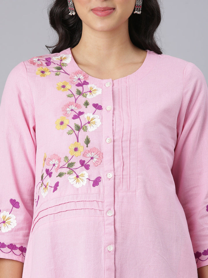 Neerus Pink Casual Solid Straight Kurtis