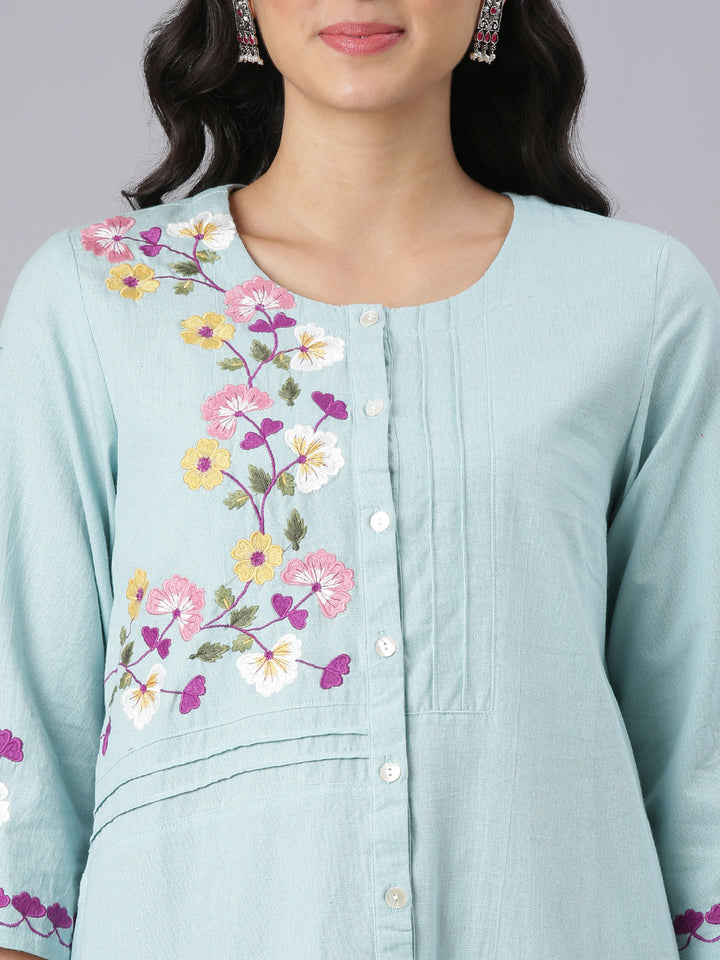 Neerus Blue Casual Solid Straight Kurtis