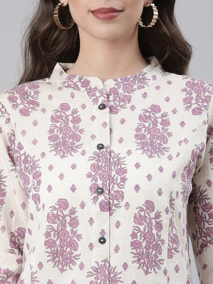 Neerus Cream Casual Floral Straight Kurtas