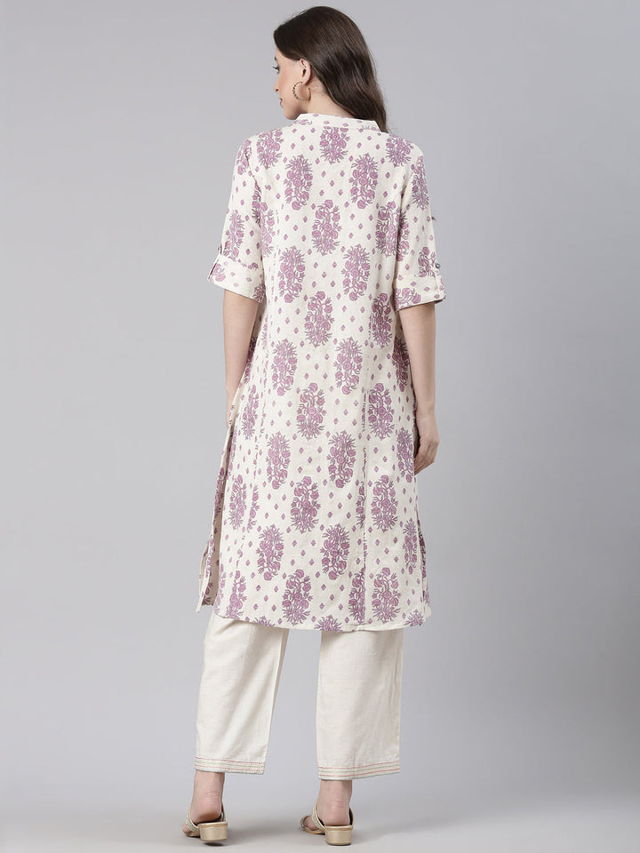 Neerus Cream Casual Floral Straight Kurtas