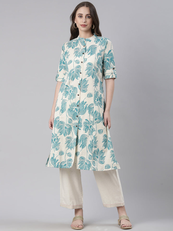 Neerus Sea Green Casual Floral Straight Kurtas