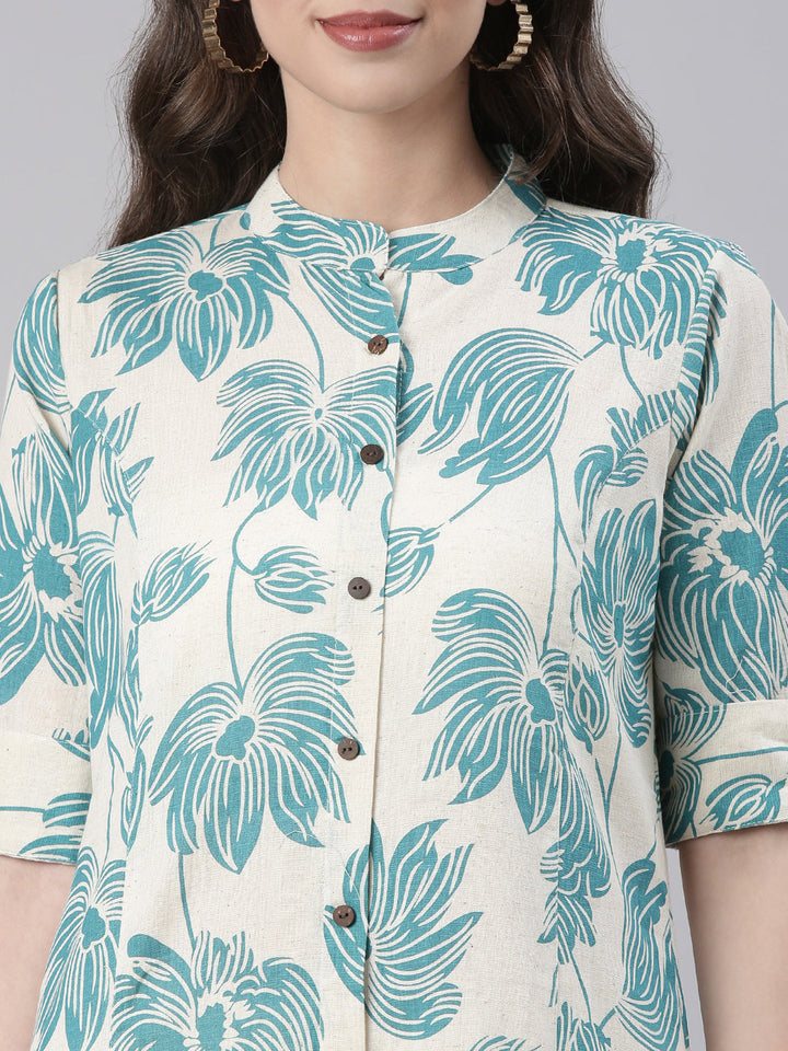 Neerus Sea Green Casual Floral Straight Kurtas