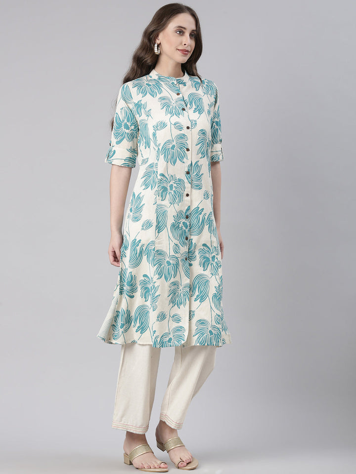 Neerus Sea Green Casual Floral Straight Kurtas