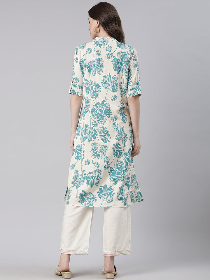 Neerus Sea Green Casual Floral Straight Kurtas