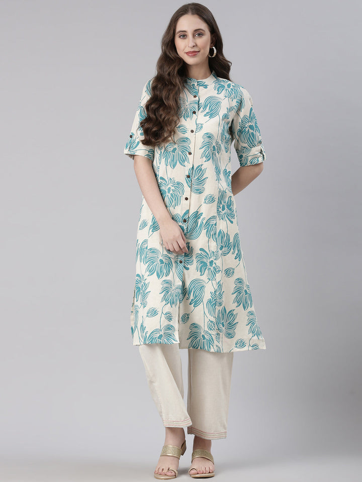 Neerus Sea Green Casual Floral Straight Kurtas