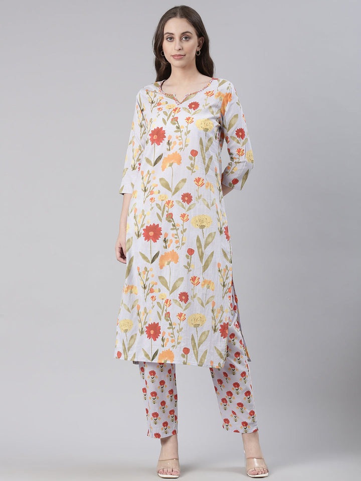 Neerus Off White Printed Straight Kurta and Trousers