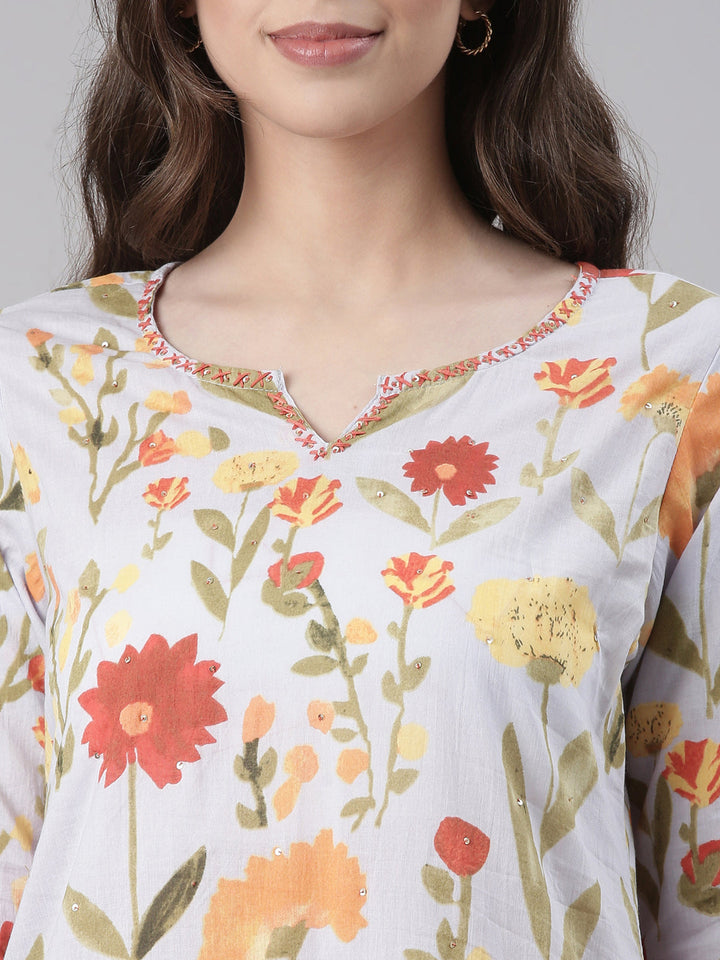 Neerus Off White Printed Straight Kurta and Trousers