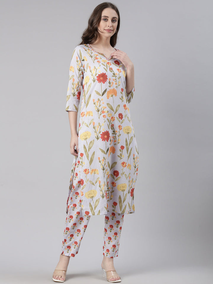 Neerus Off White Printed Straight Kurta and Trousers
