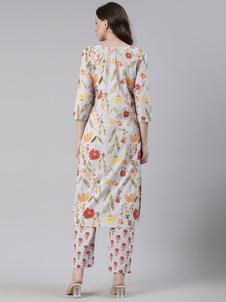 Neerus Off White Printed Straight Kurta and Trousers