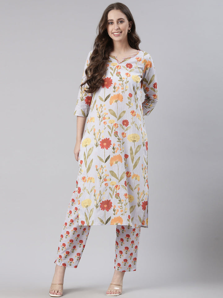 Neerus Off White Printed Straight Kurta and Trousers