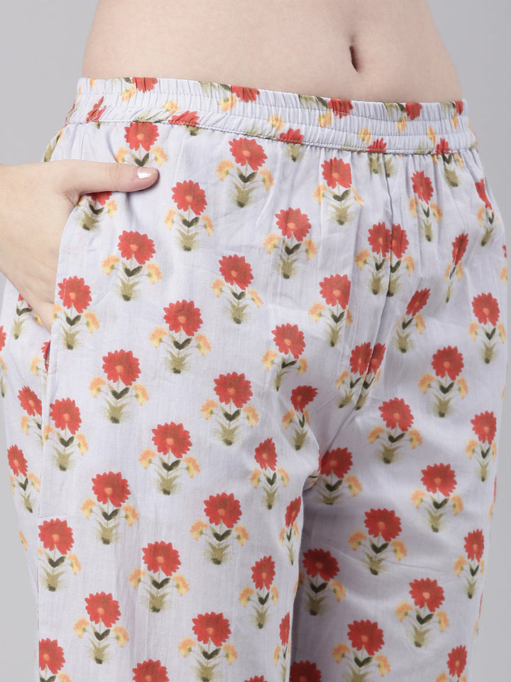 Neerus Off White Printed Straight Kurta and Trousers