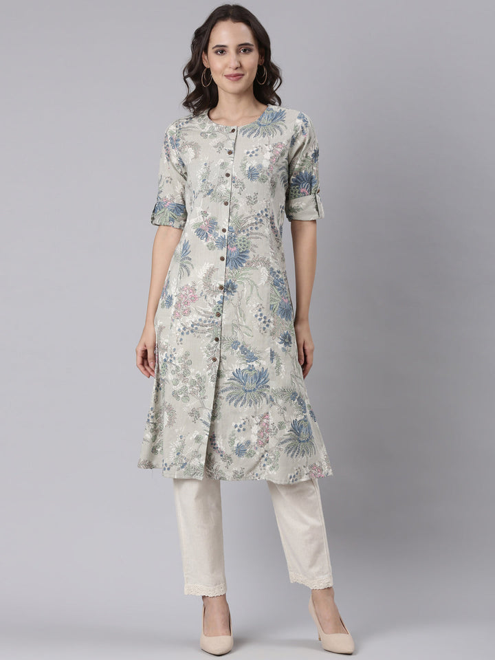 Neerus Multi muslin printed kurta set - front view