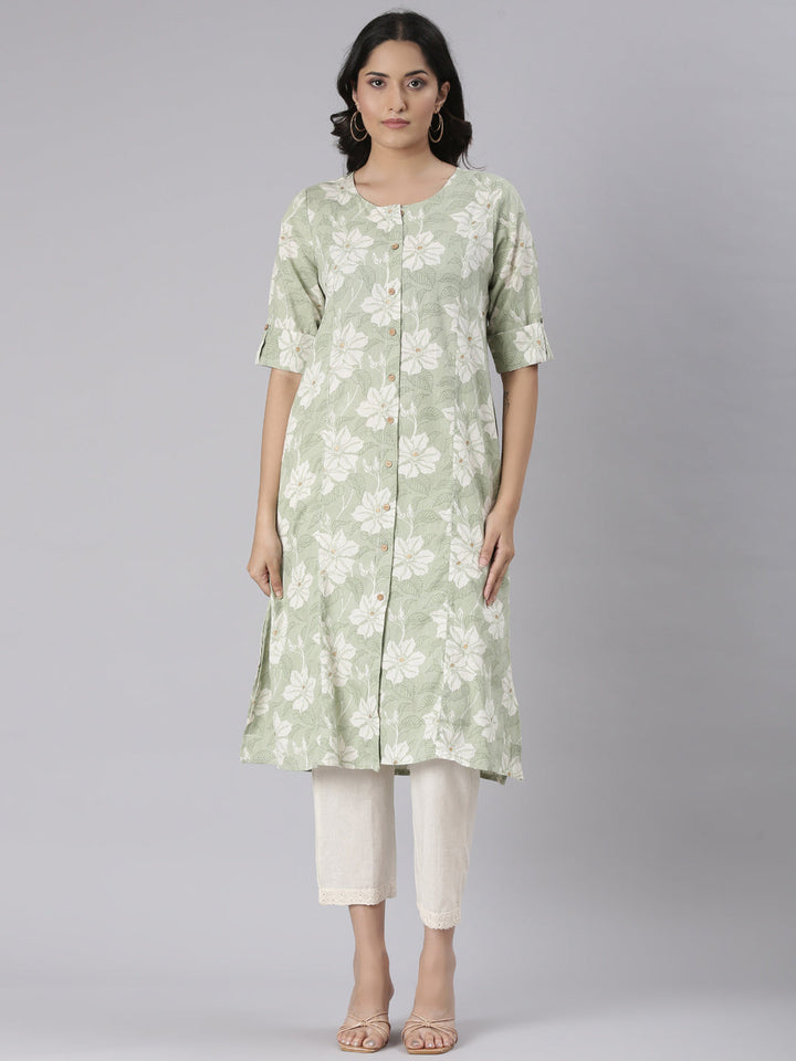 Neerus Green Casual Floral Straight Kurtas