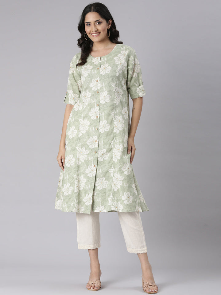 Neerus Green Casual Floral Straight Kurtas