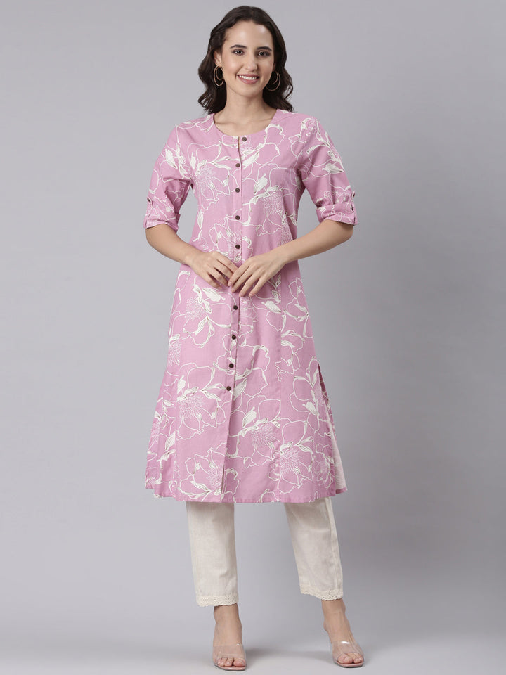Neerus Purple cotton printed kurti - front view