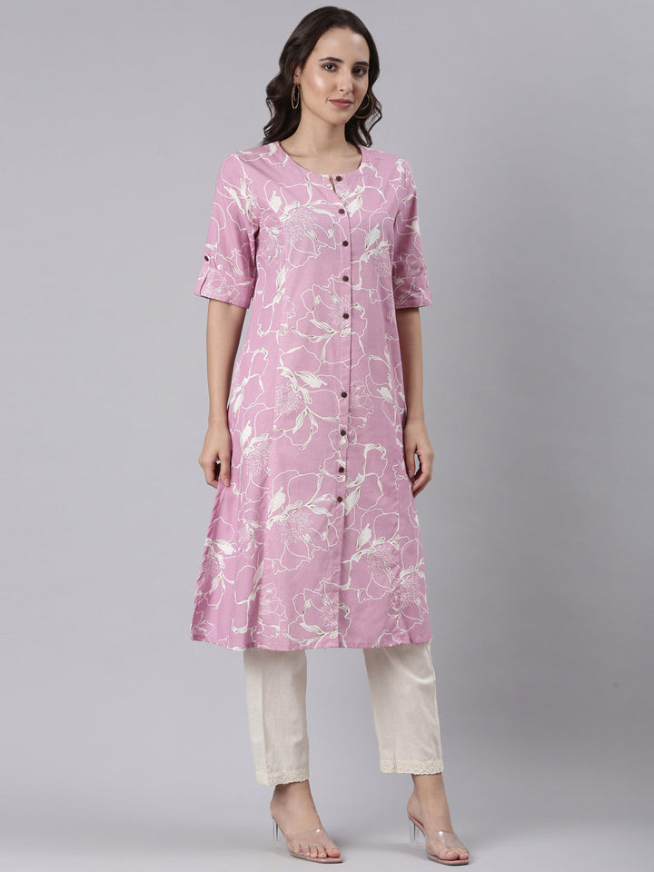 Neerus Purple cotton printed kurti - back view