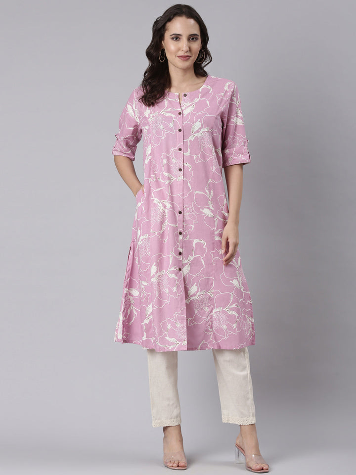 Neerus Purple cotton printed kurti - detail view 2