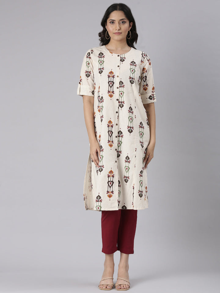 Neerus Cream Casual Tribal Straight Kurtas
