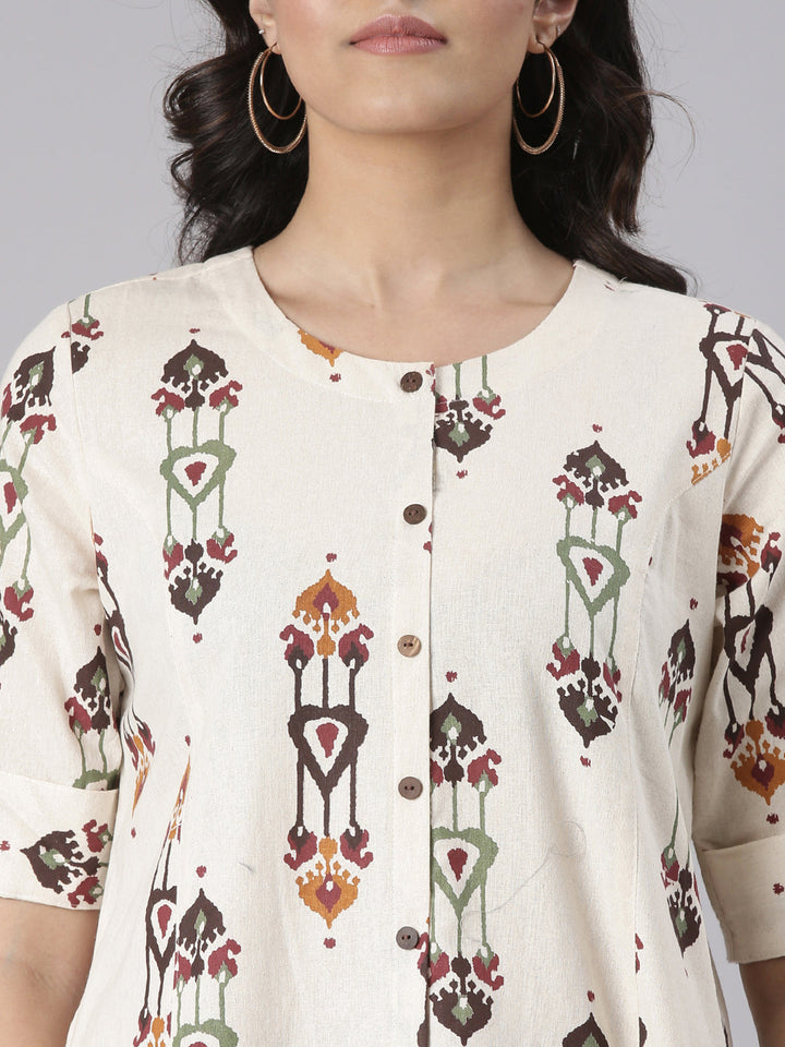 Neerus Cream Casual Tribal Straight Kurtas
