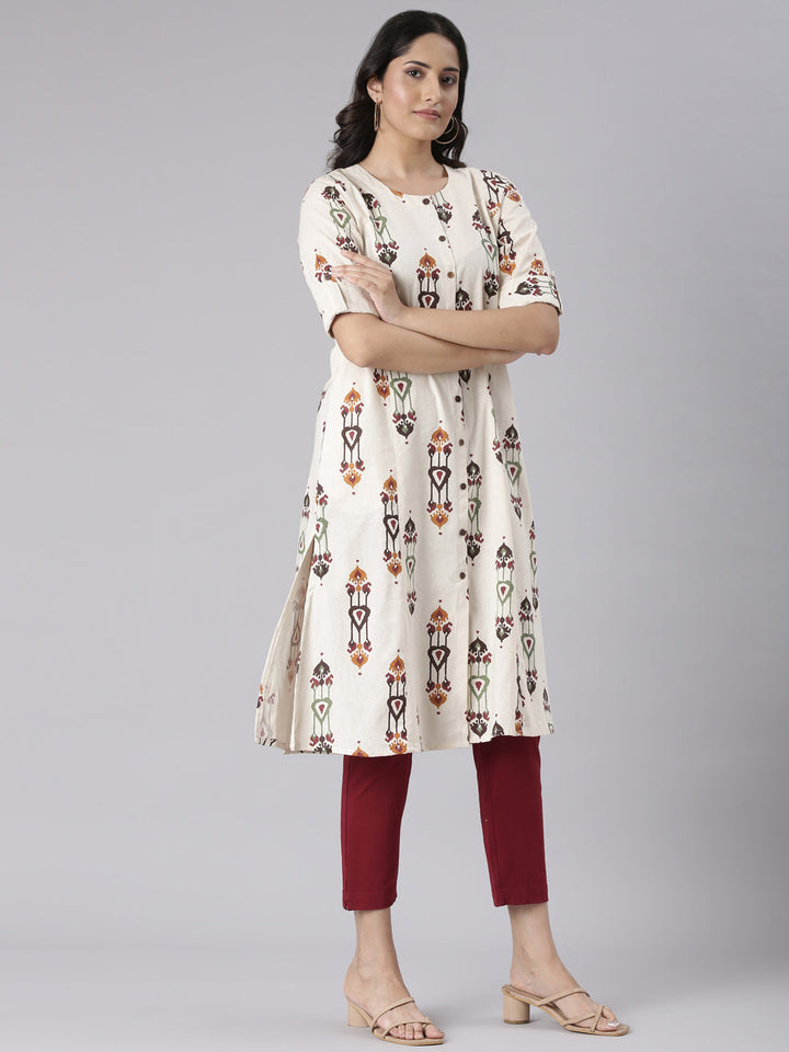 Neerus Cream Casual Tribal Straight Kurtas