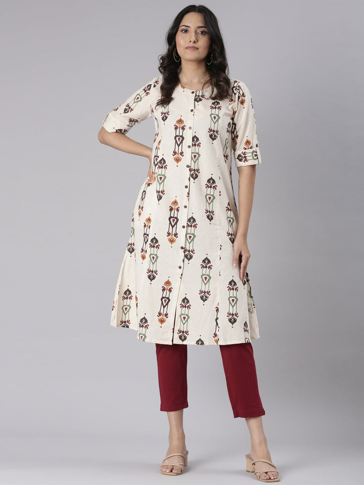 Neerus Cream Casual Tribal Straight Kurtas