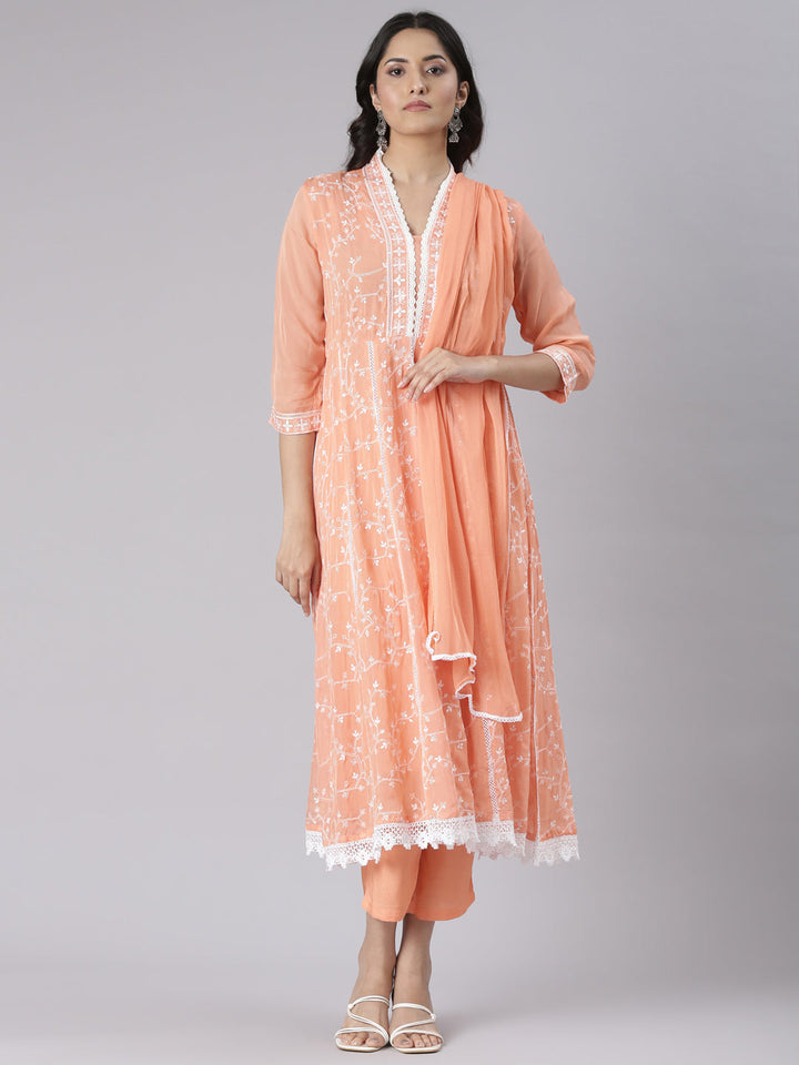 Neerus Coral Embroidered Straight Kurta and Trousers With Dupatta