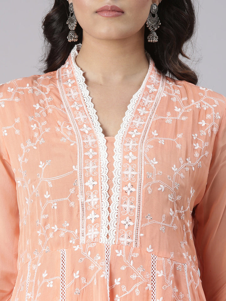 Neerus Coral Embroidered Straight Kurta and Trousers With Dupatta