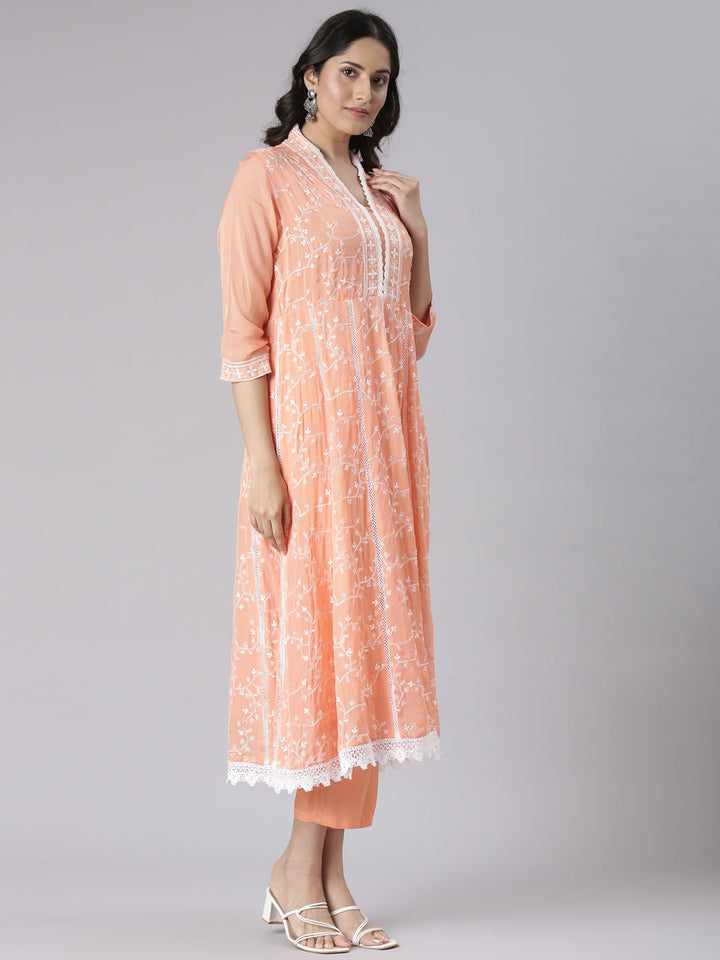 Neerus Coral Embroidered Straight Kurta and Trousers With Dupatta