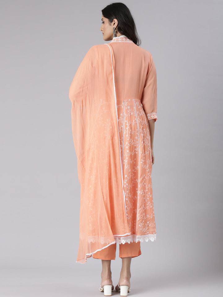 Neerus Coral Embroidered Straight Kurta and Trousers With Dupatta