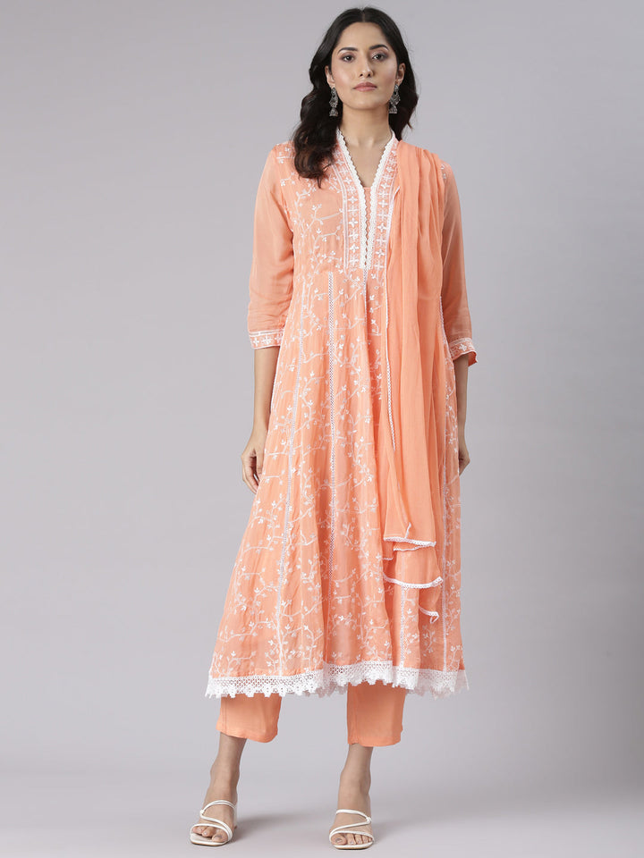 Neerus Coral Embroidered Straight Kurta and Trousers With Dupatta