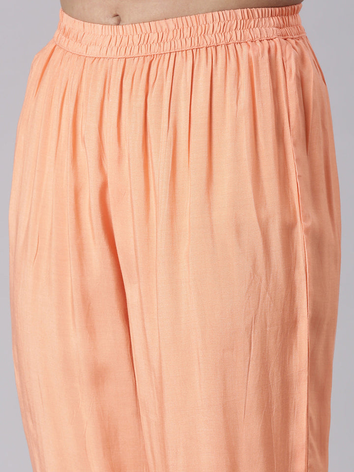 Neerus Coral Embroidered Straight Kurta and Trousers With Dupatta