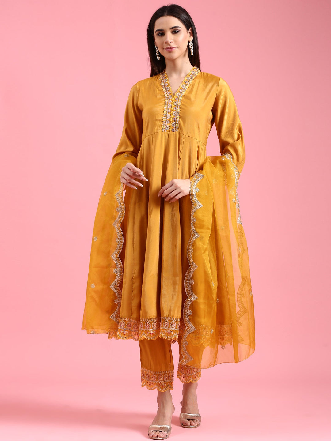 Neerus Yellow silk embellished anarkali suit set - front view