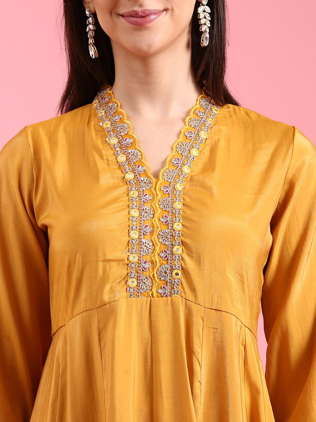 Neerus Yellow silk embellished anarkali suit set - detail view 1