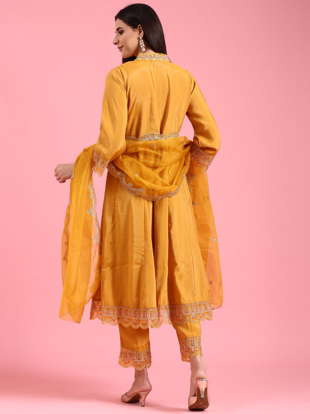 Neerus Yellow silk embellished anarkali suit set - side view