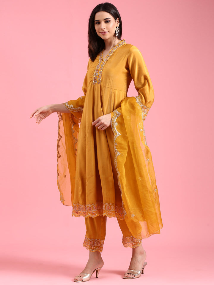 Neerus Yellow silk embellished anarkali suit set - detail view 2