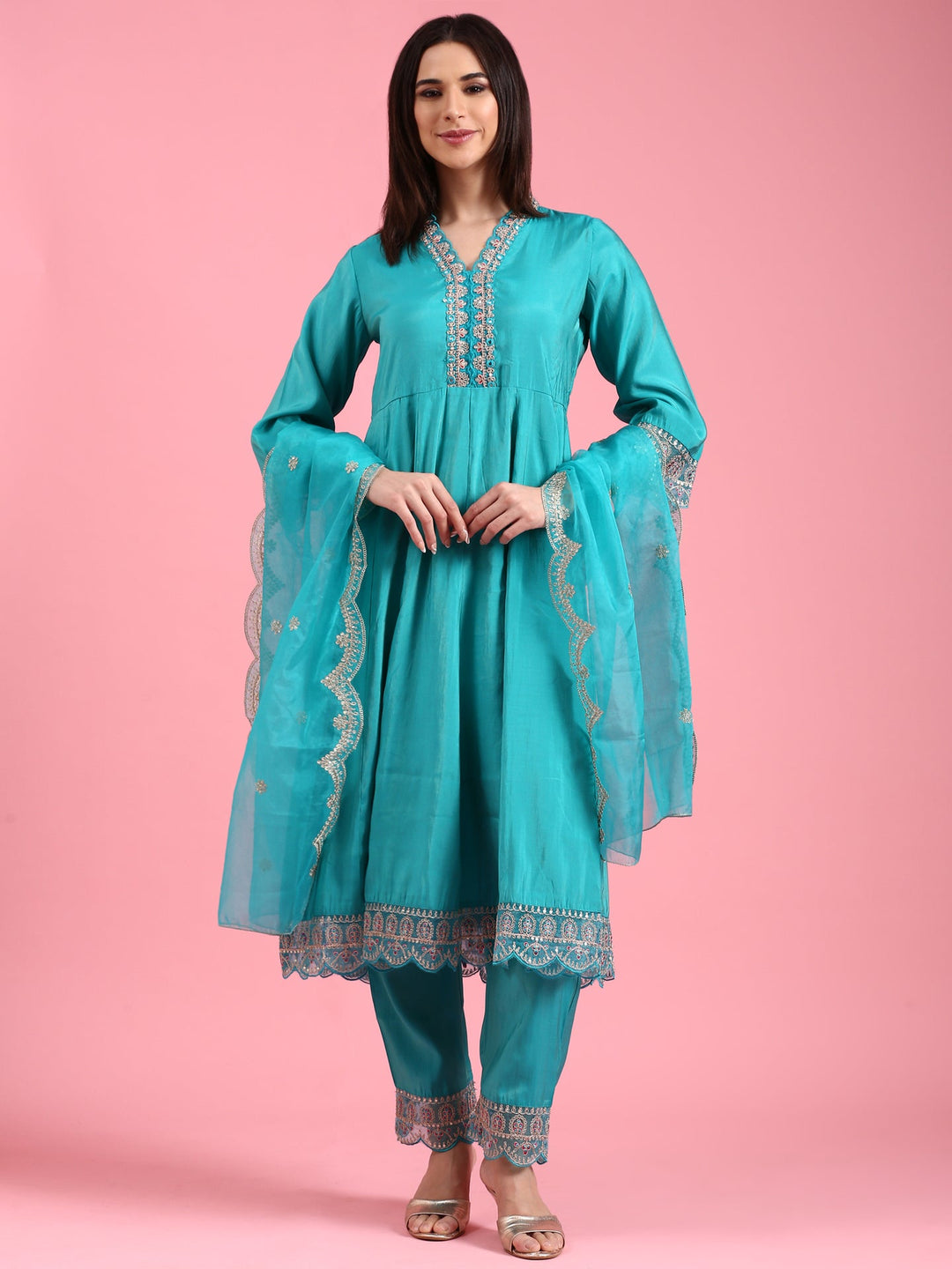 Neerus Green silk woven anarkali suit set - detail view 2