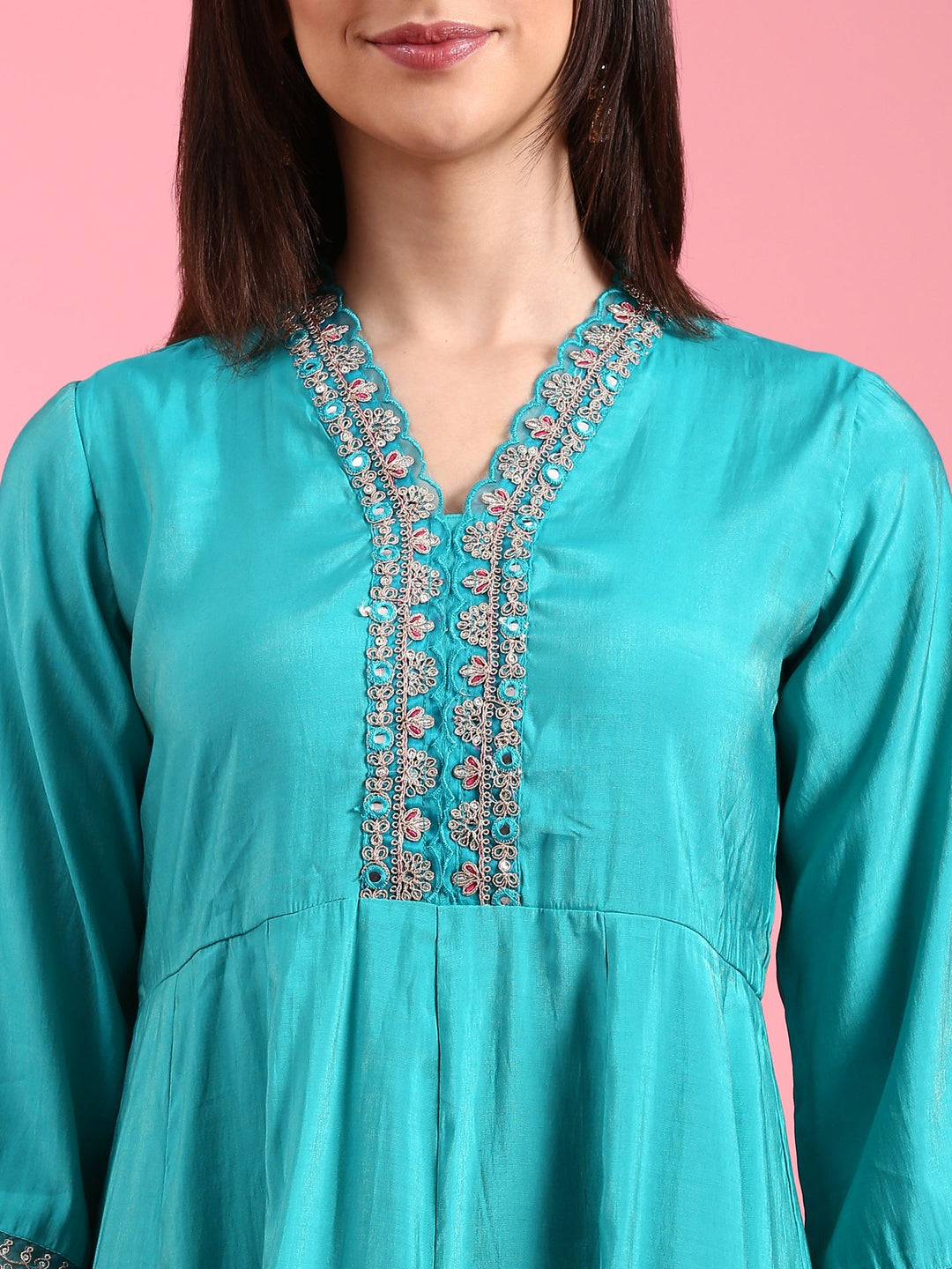 Neerus Green silk woven anarkali suit set - detail view 1