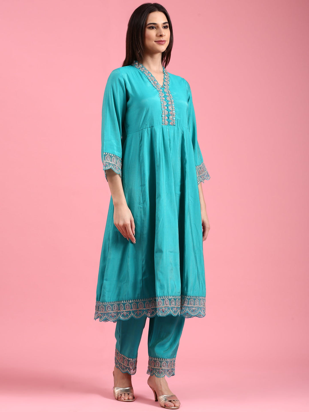 Neerus Green silk woven anarkali suit set - back view