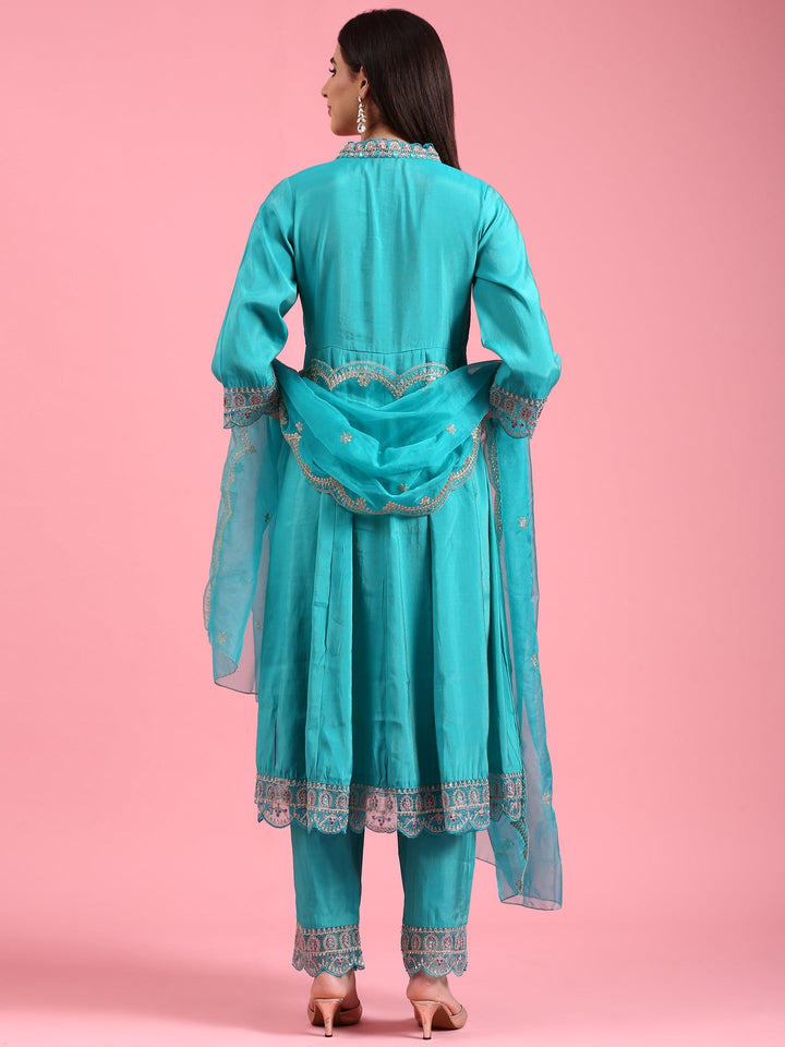 Neerus Green silk woven anarkali suit set - side view