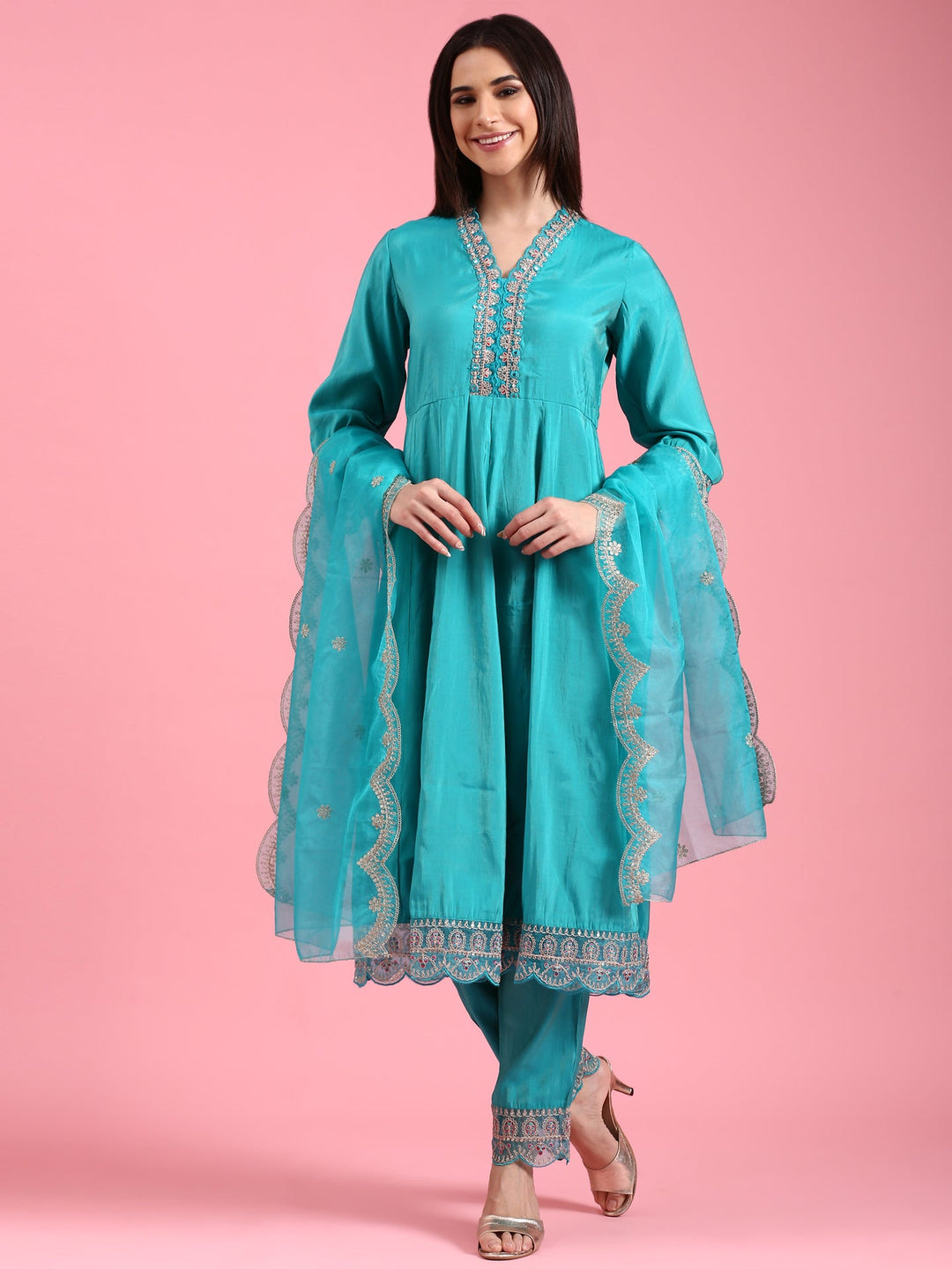 Neerus Green silk woven anarkali suit set - front view
